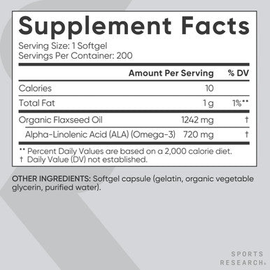 Sports Research Extra Strength Flaxseed Oil Softgels 1242Mg - Plant Based Omega-3 Fish Oil Alternative For Women & Men - Non-Gmo Verified, Soy & Gluten (200 Count)