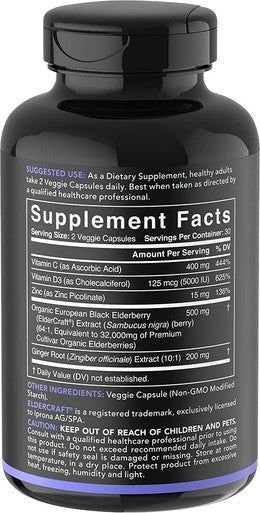 Sports Research Elderberry Immune Support with Zinc Vitamin C D3 5000IU Highest Extract 641 Equivalent 32000mg of Organic Elderberries NonGMO Verified Gluten 60 Veggie Capsules