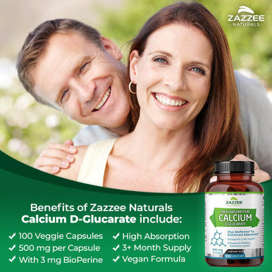 Zazzee High Absorption Calcium D-Glucarate, 500 Mg Per Capsule, 3 Mg Bioperine For Enhanced Absorption, 100 Vegan Capsules, Plus
