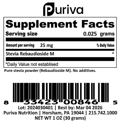 Stevia Reb M powder (RebM Rebaudioside M) 1 ounce 1000 servings Puriva Nutrition Superior to Reb A Reb D and stevia extracts