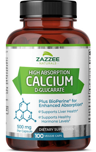 Zazzee High Absorption Calcium D-Glucarate, 500 Mg Per Capsule, 3 Mg Bioperine For Enhanced Absorption, 100 Vegan Capsules, Plus