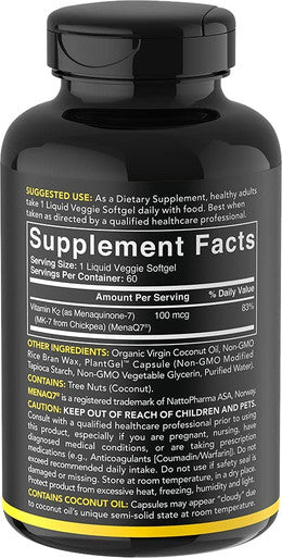 Vitamin K2 as MK7 with Organic Coconut Oil Vitamin K Supplement Made with MenaQ7 from Fermented Chickpea NonGMO Verified Vegan 60 VeggieSoftgels