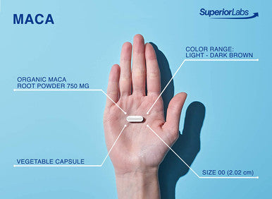 Superior Labs Organic Peruvian Maca 100 Pure NonGMO Dietary Supplement for Calming and Relaxation Zero Synthetic Additives Stearates Dioxides 750mg 120 Vegetable Capsules