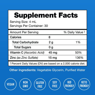 Liquid Zinc For Kids & Adults Vegan, Pure Ionic Zinc Drops Enhanced With Vitamin C Elemental Zinc Supplements For Immune Support Sugar-Zinc Liquid 4 Oz