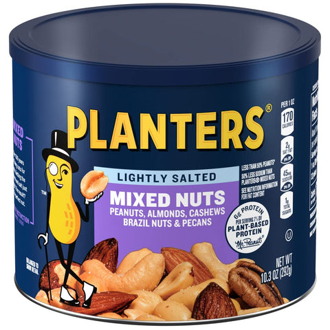 PLANTERS Lightly Salted Mixed Nuts, Plant Based Protein, 10.3 Oz (1 Ct) | Mixed Nuts: Almonds, Cashews, Peanuts, Pecans, Brazil Nuts. Snacks for Adults. Resealable Canister. Party Snack