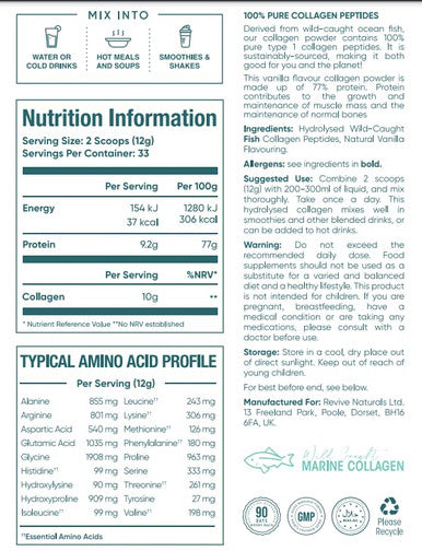 Revive Naturals Vanilla Marine Collagen Powder 400g ~ Wild Caught Whitefish ~ Supports Bone Health & Muscle Growth ~ Type I Hydrolyzed Collagen Peptides ~ Halal Certified ~ by Revive Naturals