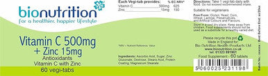 Bio Nutrition Vitamin C 500Mg + Zinc 15Mg - Antioxidant And Immune Vitamin And Mineral Combination - 60 Vegi-Tabs