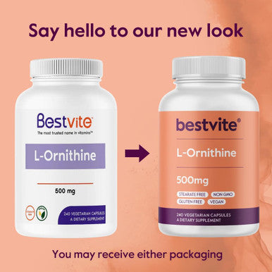 Bestvite L-Ornithine 500mg (240 Vegetarian Capsules) - No Stearates - No Fillers - Vegan - Non GMO - Gluten