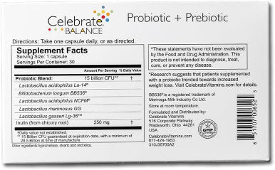 Celebrate Vitamins Balance Probiotic + Prebiotic - Post Bariatric Surgery Daily Supplement For Women & Men, 28.5 Billion Cfu - Supports Digestive & Immune Health, Gluten (90 Capsules)