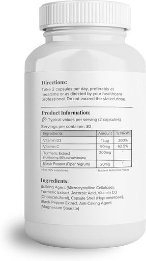 Hey Nutrition Turmeric Extract Complex - Vitamin D3 & C Black Pepper Extract - Support Muscle & Joint Relief - Maximum Potency & Enhanced Absorption - UK Manufactured - 60 Vegan Capsules