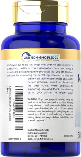 Carlyle Magnesium 500mg | 300 Coated Caplets | Vegetarian Non-GMO and Gluten Supplement
