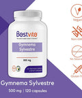 Bestvite Gymnema Sylvestre 500mg (120 Vegetarian Capsules) - Standardized to 75% Gymnemic Acid - No Stearates - No Fillers - No Flow Agents- Vegan - Non GMO - Gluten