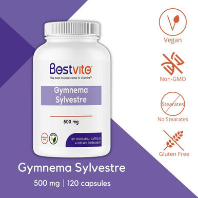 Bestvite Gymnema Sylvestre 500mg (120 Vegetarian Capsules) - Standardized to 75% Gymnemic Acid - No Stearates - No Fillers - No Flow Agents- Vegan - Non GMO - Gluten