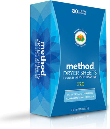 Method Dryer Sheets Fresh Air Fabric Softener and Static Reducer Compostable and Plant-Based Laundry Essentials 80 Count (Pack of 1)