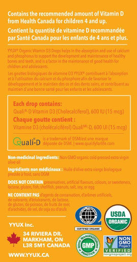 YYUX Certified Organic D3 Drops for Kids 4+, 600 IU - Non-GMO Project Verified - 180 Drops, 6 Month Supply
