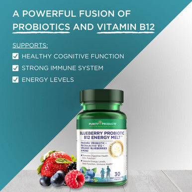 Blueberry Probiotic B12 Energy Melt by Purity Products ProDura Clinical Probiotic Organic Blueberries Methylcobalamin B12 30 Melts