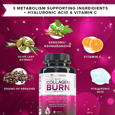 Multi Collagen Burn MultiType Hydrolyzed Collagen Protein Peptides with Hyaluronic Acid Vitamin C SOD B Dimpless Types I II III V and X Collagen Caffeine Unflavored Capsules