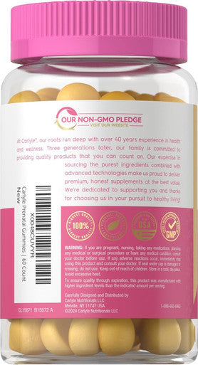 Carlyle Prenatal Gummies for Women | with DHA & Folic Acid | 60 Count | Fruit Flavor | Non-GMO Gluten Supplement | for Her