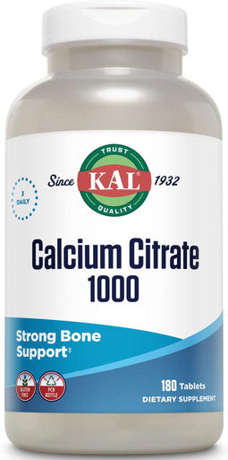 Kal Calcium Citrate 1000Mg, Calcium Supplements For Women And Men, Bone Health, Teeth, Nervous, Muscular & Cardiovascular System Support, Gluten And Lab Verified, 60 Servings, 180 Tablets