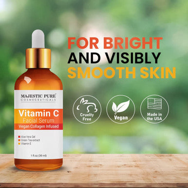 MAJESTIC PURE Vitamin C Serum for Face, Anti Aging Serum with Vegan Collagen, Vitamin E, Aloe Vera Gel & Green Tea Extract - Hydrating Facial Serum for Dark Spots, Fine Lines and Wrinkles, 1 fl oz