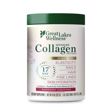 Great Lakes Wellness Beauty Boost Advanced Collagen Peptides Powder with Hyaluronic Acid Biotin Vitamin C - Skin Elasticity and Hydration - Raspberry Lemonade Flavor 8 oz