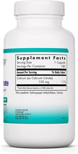 NutriCology Calcium Citrate Bone Teeth Muscle Nerve Support 180 Vegetarian Capsules