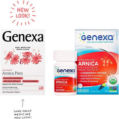 Genexa Arnica Tablets for Pain Relief Formula | Alleviate Muscle & Joint Pain Soreness & Stiffness | Delicious Organic Grape Flavor | Homeopathic Remedy Made Clean | 300 Chewable Tablets (3 Pack)