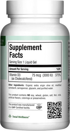 Maxi Health Kosher Vitamin D3 3000 IU - Pure Vitamin D 3000 IU for Healthy Bones Teeth Immune Support - High Absorption Vit D3 (180 Liquid Gels)