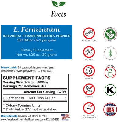Foods For Gut Lactobacillus Fermentum Probiotic Powder 100 Billion Cfu'S | Made In Usa | No Additives | Digestive & Immune Support | High Potency | L. Fermentum (30 Gram)