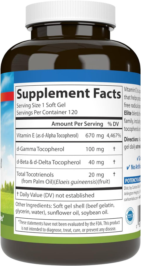 Carlson EGems Elite 1000 IU Vitamin E with Tocopherols and Tocotrienols Heart Health and Optimal Wellness Antioxidant 120 soft gels