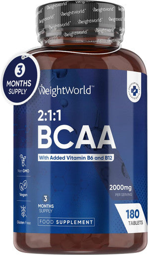 Weightworld BCAA Tablet 2000mg Per Serving - 180 Protein Tablets (3 Months Supply) - 2:1:1 Branched Chain Amino Acids Tablets with Vitamin B12 & B6 - BCAA Powder Alternative - Pre Workout Supplement for Energy