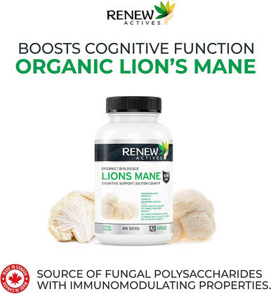 Renew Actives Organic Lions Mane Mushroom Supplement - 40% Polysaccharides, Immune Wellness & Rich In Antioxidant - 120 Capsules