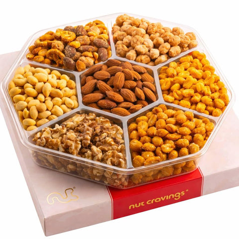 NUT CRAVINGS - Purim Mishloach Manot Mixed Nuts Gift Basket in Red Gold Box (7 Assortments, 1 LB) Ramadan Gifts Treats for Adults, Food Arrangement, Healthy Snack Care Package, Kosher