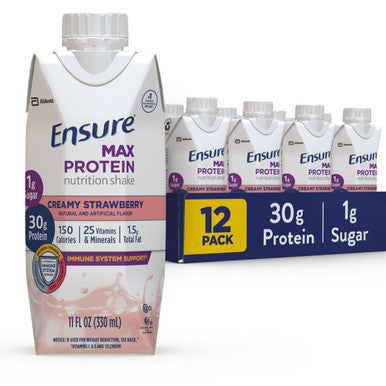 Ensure Max Protein Liquid Nutritional Shake With 30G Of Protein & Max Protein Nutrition Shake With 30G Of Protein 1G Of Sugar High Protein Shake Creamy Strawberry 11 Fl Oz (Pack Of 12)