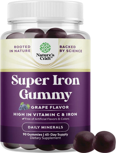 Natures Craft Extra Strength Iron Gummies for Women and Men - Potent 45mg per Serving Chewable Iron Supplement for Women and Men with Vitamin C for Higher Absorption - Vegan Daily Iron Gummy No Artificial Flavors