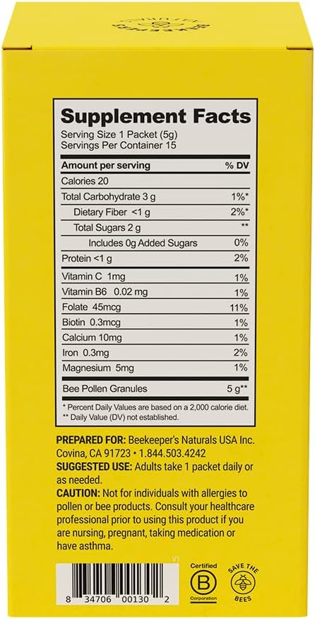Beekeeper'S Naturals - 100% Raw Bee Pollen Granules Natural Preserved Enzymes Source Of Vitamin B Minerals Amino Acids & Protein - Paleo & Keto Friendly Gluten (5.2 Oz)