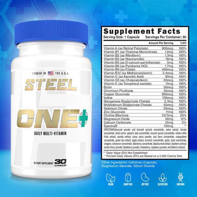 Steel Supplements One+ Once Daily Multivitamin For Men And Women Mineral Supplement For Immunity And Vitality Vitamins A B C D E, Biotin, Spectra, Zinc, Magnesium 30 Day Supply