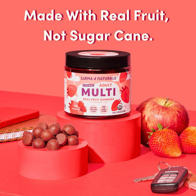 Llama Naturals Multivitamin for Women & Men Vegan Organic Gummies with Vitamin D C & K Adults Real Fruit Gummy Vitamins Chewable Multivitamin Supplement No Added Sugar Cane Strawberry 120 Ct