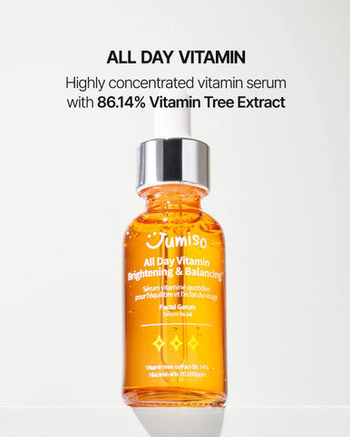 JUMISO All Day Vitamin Serum Brightening Balancing Facial Serum Vitamin C A B D E Serum with Vitamin Korean Skincare Skin brightening soothing Vegan serum Vitamin tree extract 86.14 Niacinamide 20000ppm1.01 fl oz serum