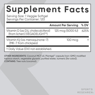 Sports Research Vitamin D3 + K2 With Coconut Mct Oil Vegan D3 5000 Iu With K2 100 Mcg For Bone & Immune Health Vegan Certified Soy & Gluten - 120 Softgels