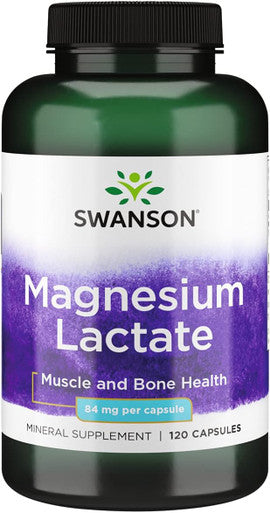 Swanson Magnesium Lactate - Mineral Supplement Promoting Muscle and Bone Health Support - Lactose- Lactate Mineral Form for Gentle Absorption - (120 Capsules 84mg Each)