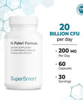 Supersmart H. Pylori Fight Natural Treatment 20 Billion CFU Per Day Lactobacillus Reuteri Probiotic Acid Reflux Relief NonGMO Gluten Free Made in USA 60 Vegetarian Capsules