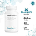 Supersmart H. Pylori Fight Natural Treatment 20 Billion CFU Per Day Lactobacillus Reuteri Probiotic Acid Reflux Relief NonGMO Gluten Free Made in USA 60 Vegetarian Capsules