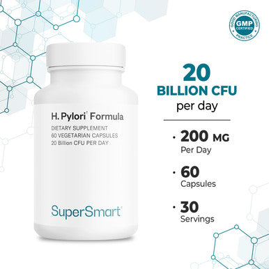 Supersmart H. Pylori Fight Natural Treatment 20 Billion CFU Per Day Lactobacillus Reuteri Probiotic Acid Reflux Relief NonGMO Gluten Free Made in USA 60 Vegetarian Capsules