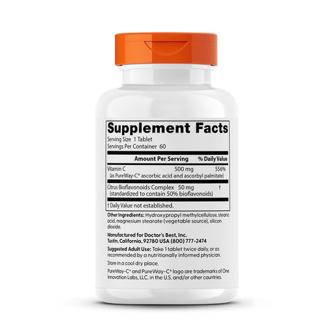 Doctor'S Best High Absorption Vitamin C 500Mg With Bioflavonoids - Vegan Vit C Supplement For Women & Men Pureway-C Ascorbic Acid Immune Health Support Sustained Release Gluten Free 60 Tablets