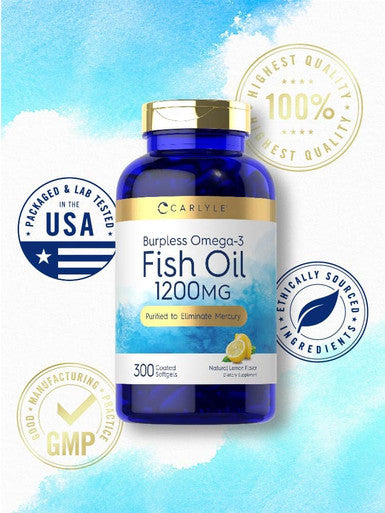 Carlyle Burpless Fish Oil 1200 Mg | 300 Softgels | With 360 Mg Omega-3 Fatty Acids | Natural Lemon Flavor | Non-Gmo, Gluten Free