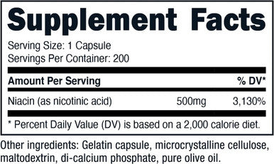 Nui Nutra Niacin (Vitamin B3) Supplement | 500mg | 200 Capsules | Nervous & Cardiovascular System Boost | Skin, Brain, Energy, and Metabolism Support | with Flushing