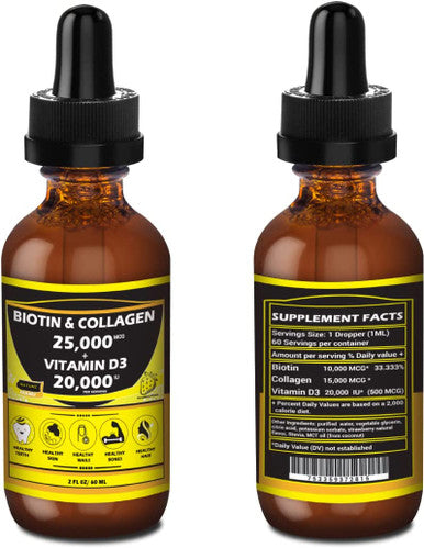 Nature ManuPremium 25000mcg Liquid Biotin Collagen20000iu Vitamin D3 Allinone Wellness Daily Drops. Supports Healthy Skin Stronger Nails Hair Growth. Tasty Strawberry Flavor 2 FL OZ/60 ML