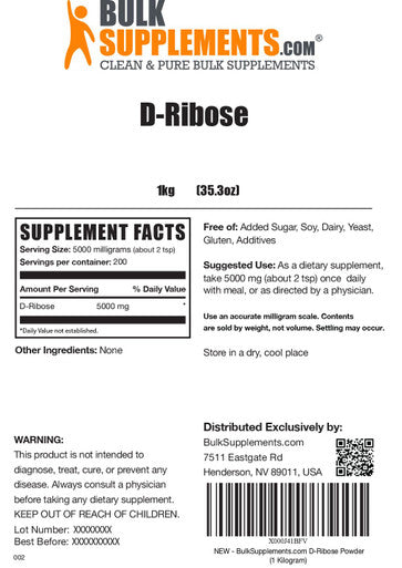 Bulksupplements.Com D-Ribose Powder - Dietary Supplement For Energy & Muscle Support - Unflavored - 5G (5000Mg) Per Serving, 200 Servings (1 Kilogram - 2.2 Lbs)
