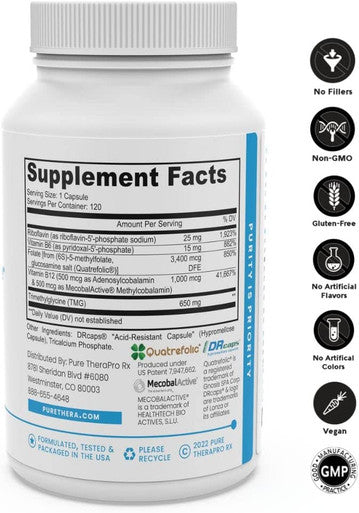 Methyl B Complete 120 Vegetable Capsules B Vitamin Supplement for Optimal Methylation Support with Quatrefolic 5MTHF Active Folate Methylated B12 Coenzyme B2 B6 TMG Non GMO Lab Tested